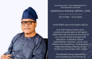 Nigerian Ambassador to Spain, Seriki, dies in Madrid