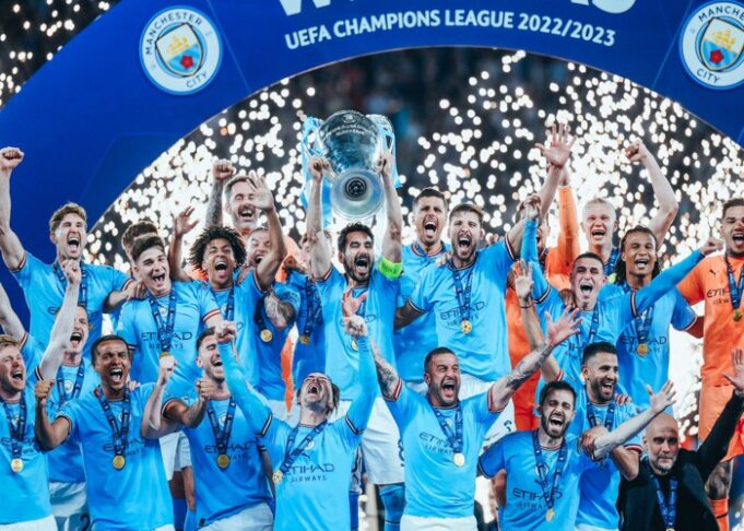 Manchester City lifting Champions League trophy City, World Cup