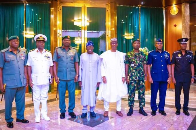 Tinubu with security chiefs Service Chiefs, Security chiefs