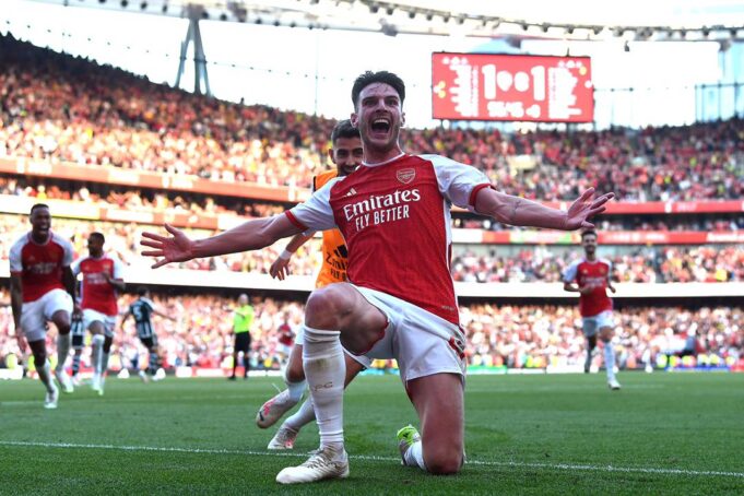 Declan Rice jubilating in Arsenal's game against Man United Rice