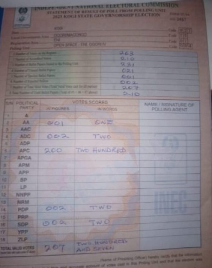 INEC result sheets in Kogi Result sheets