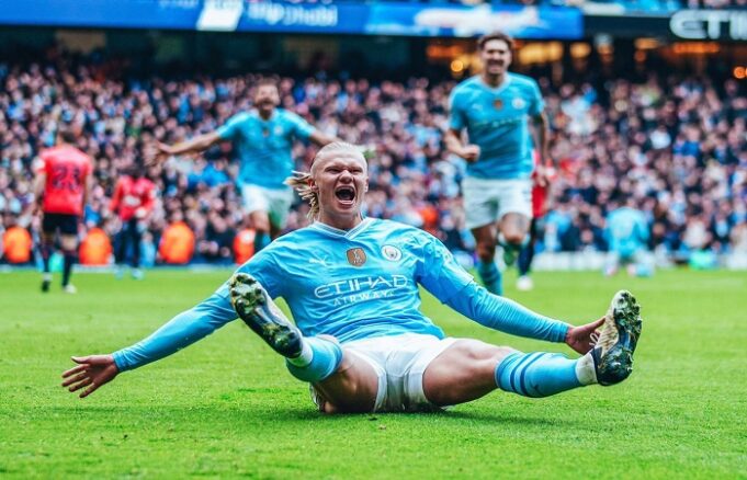 Erling Haaland jubilating against Everton in the Premier League Everton