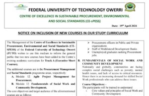 FUTO CE-sPESS announces inclusion of new courses in Centre’s Study Curriculum FUTO
