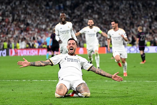 Real Madrid's Joselu jubilating against Bayern in Champions League Joselu