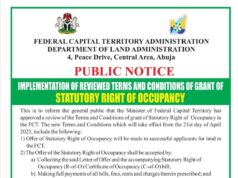 FCTA PUBLIC NOTICE ON GRANT OF STATUTORY RIGHT OF OCCUPANCY