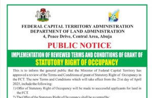 FCTA PUBLIC NOTICE ON GRANT OF STATUTORY RIGHT OF OCCUPANCY