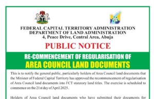 FCTA PUBLIC NOTICE ON REGULARISATION OF AREA COUNCIL LAND DOCUMENTS