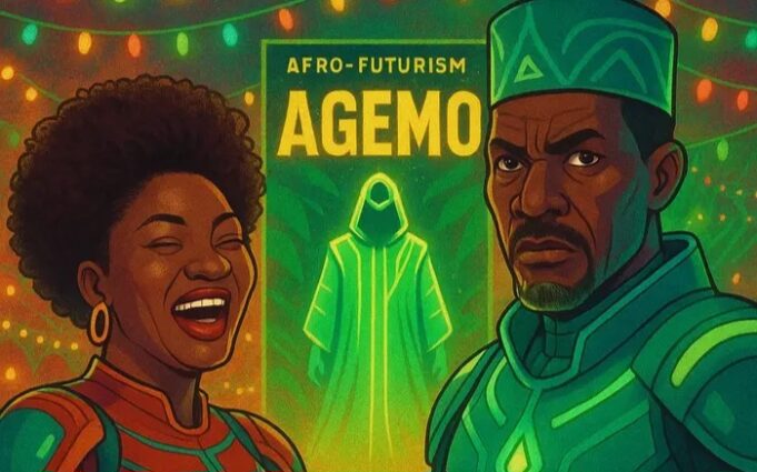 afro-futurism-caricature-omotola-ekeinde-ogogo-and-an-agemo-movie-poster-glowing-behind-them-omo