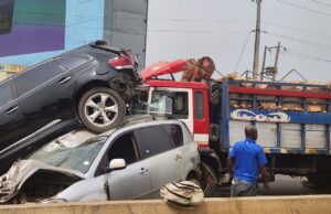 Family narrowly escapes death as tomato truck crashes on Otedola Bridge