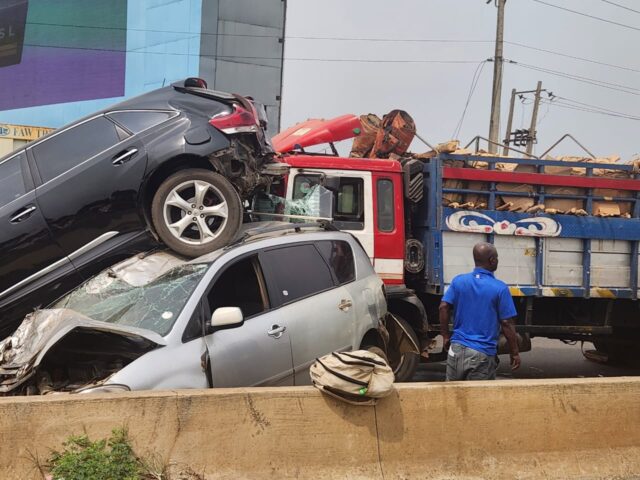 Family narrowly escapes death as tomato truck crashes on Otedola Bridge