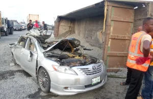Man killed, wife injured as truck crushes car in Lagos