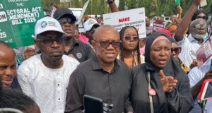 Obi, others protest at National Assembly over e-transmission of election results Obi
