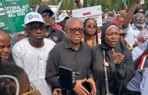 Obi, others protest at National Assembly over e-transmission of election results Obi