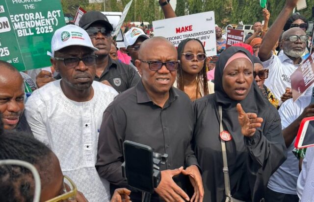 Obi, others protest at National Assembly over e-transmission of election results Obi
