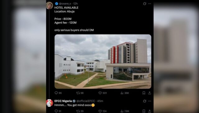 You get mind O!” — EFCC claps back at X user who listed its Abuja HQ as hotel for sale