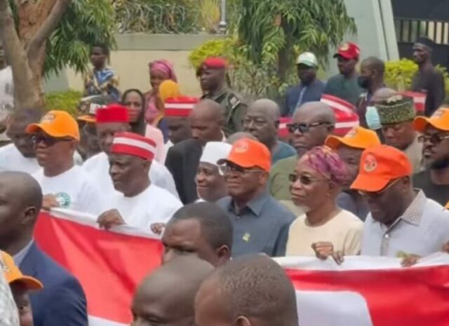 ADC crisis: Atiku, Kwankwaso, Obi, others protest at INEC headquarters ADC