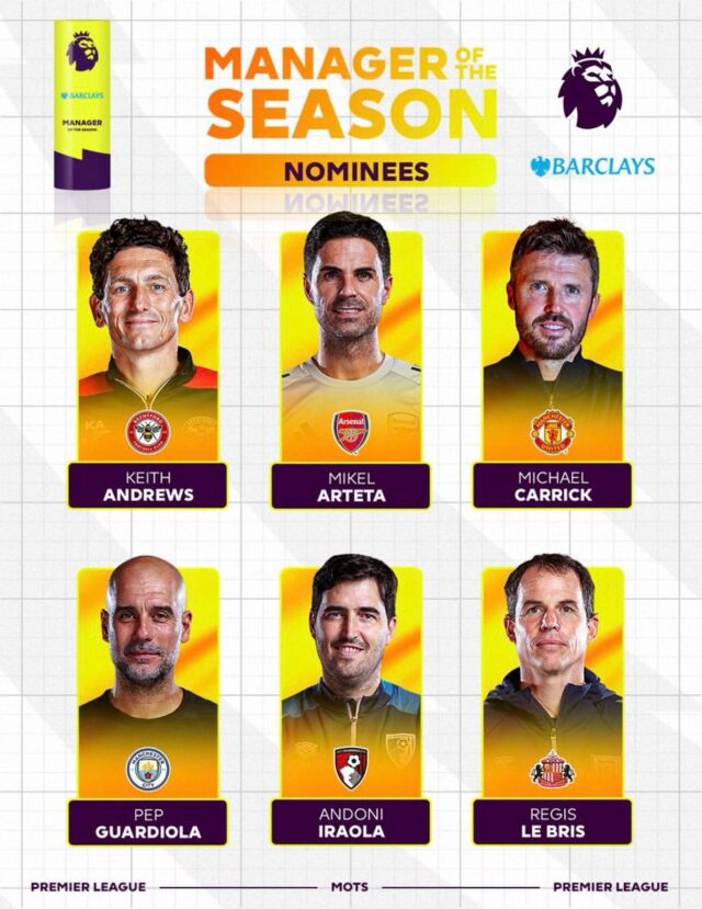 Arteta, Guardiola, Carrick nominated for Premier League manager of the season award Premier League