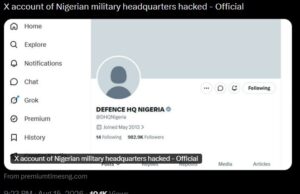 Nigeria’s Defence Headquarters X account reportedly hacked