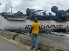 45,000-litre fuel tanker overturns on Lagos road